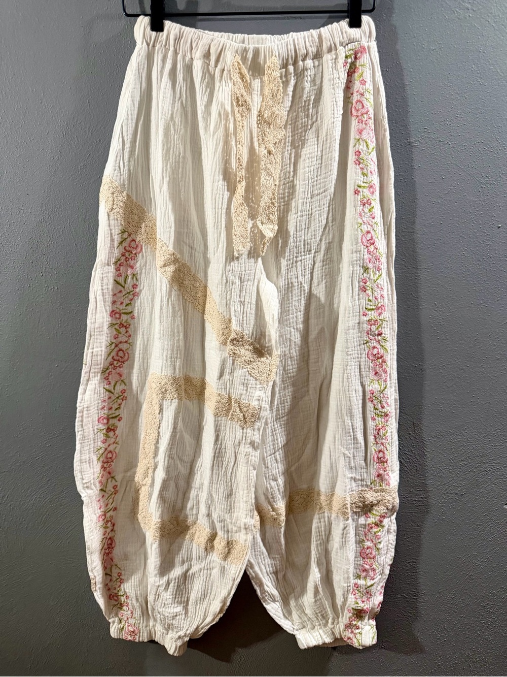 POL Cream Embroidered Harem Track Pants with Pink Floral Trim